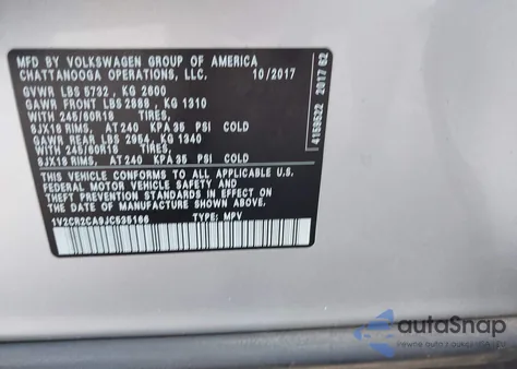 2018 Volkswagen Atlas 3.6L V6 Se from USA, damaged, VIN 1V2CR2CA9JC535166